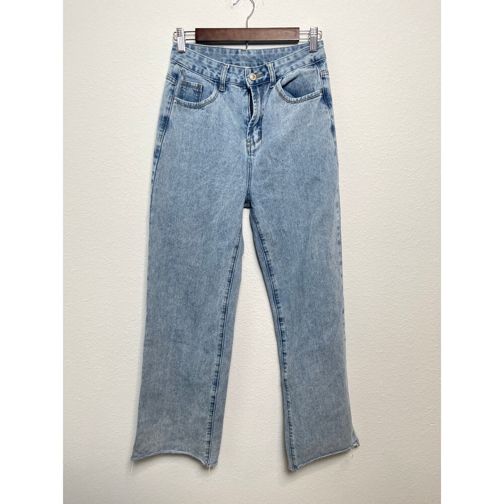 Princess Polly Light Wash Straight Leg Jeans Raw Hem Sz 4 High Rise 100% Cotton
